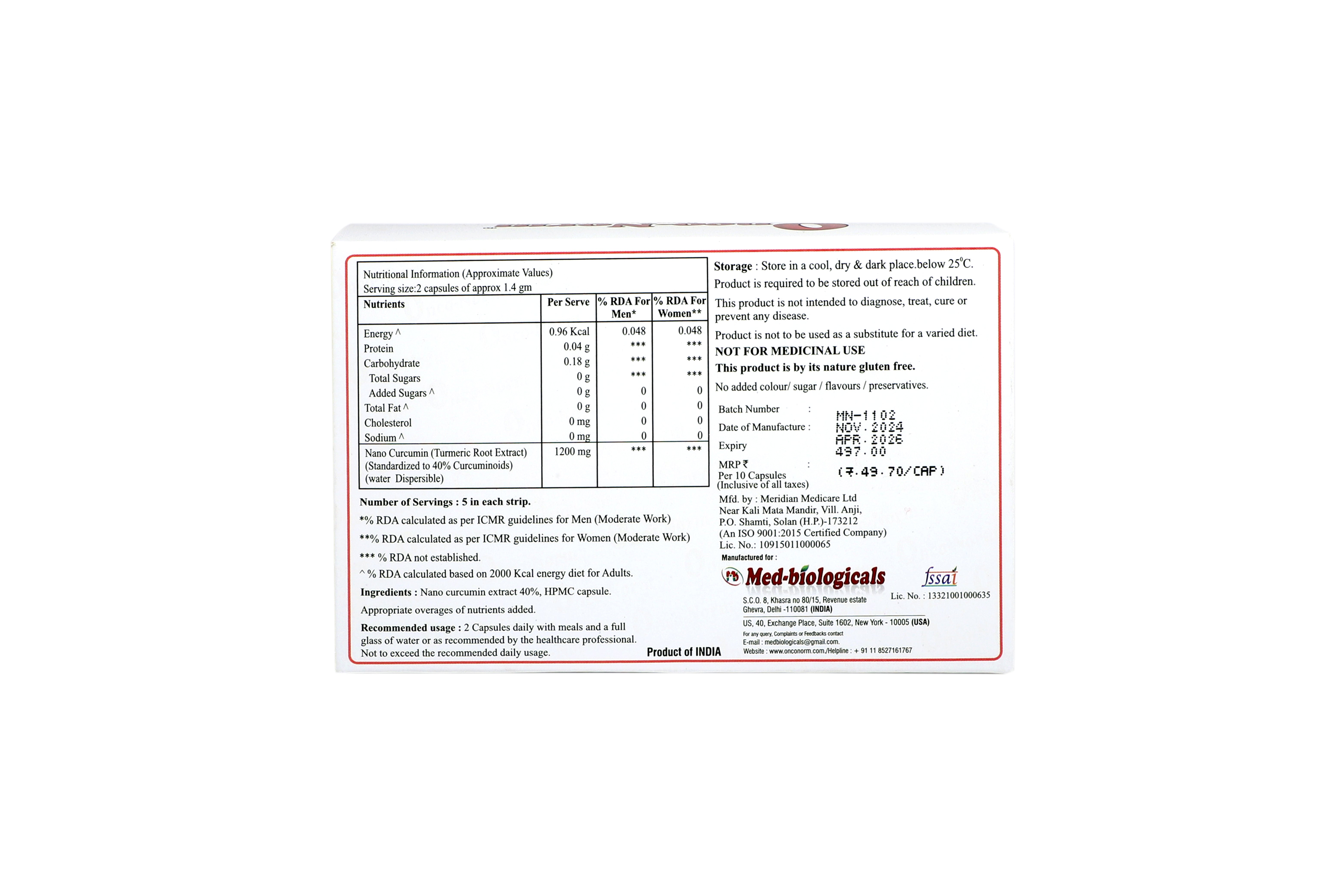 Onco-Norm: Cancer Care Capsules with Nano Curcumin, 600 mg - 100% Water Soluble (30 Capsules)