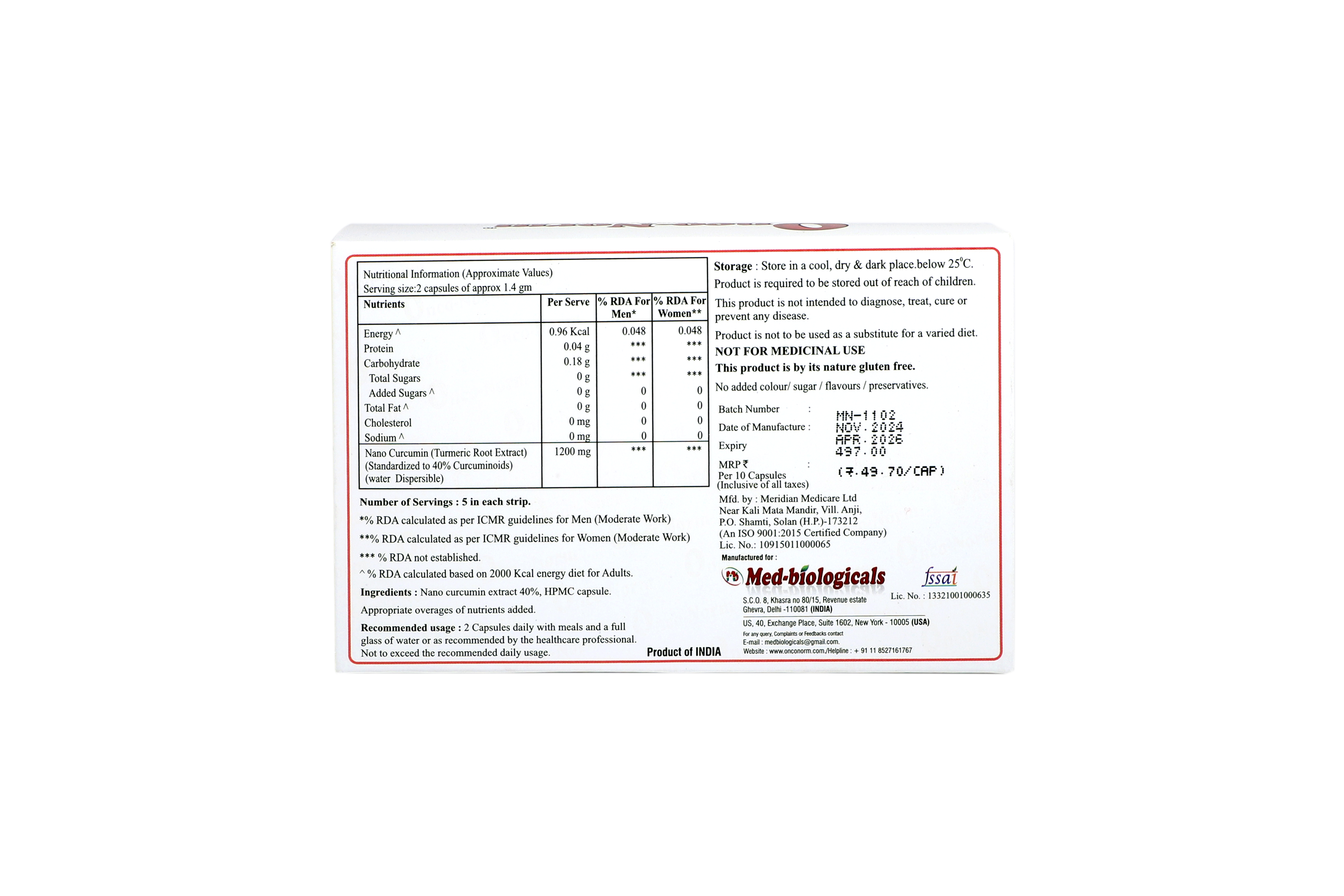 Onco-Norm: Cancer Care Capsules with Nano Curcumin, 600 mg - 100% Water Soluble (30 Capsules)